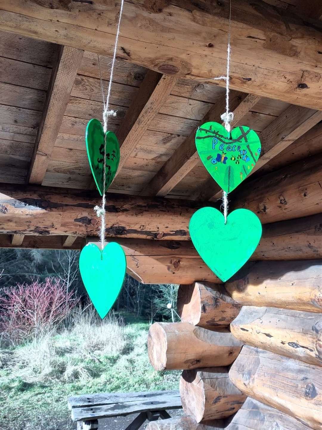 Green hearts with messages at Dunnet forest. Picture supplied
