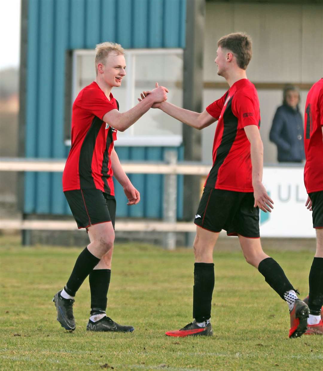 Ethan Kevill (left) is congratulated by James Mackintosh after scoring his second goal. Picture: James Gunn