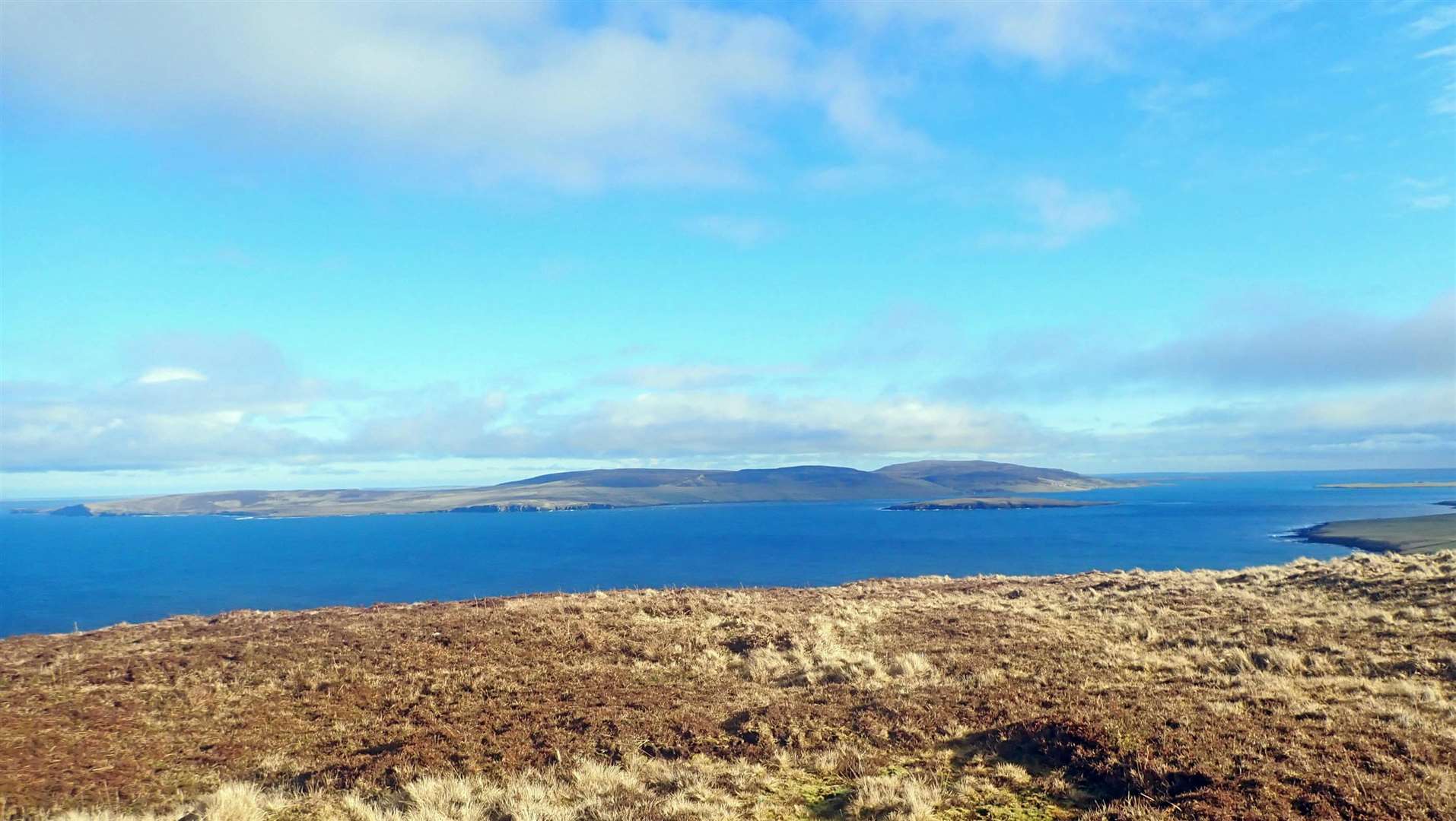 Eynhallow and Rousay from Costa Hill.
