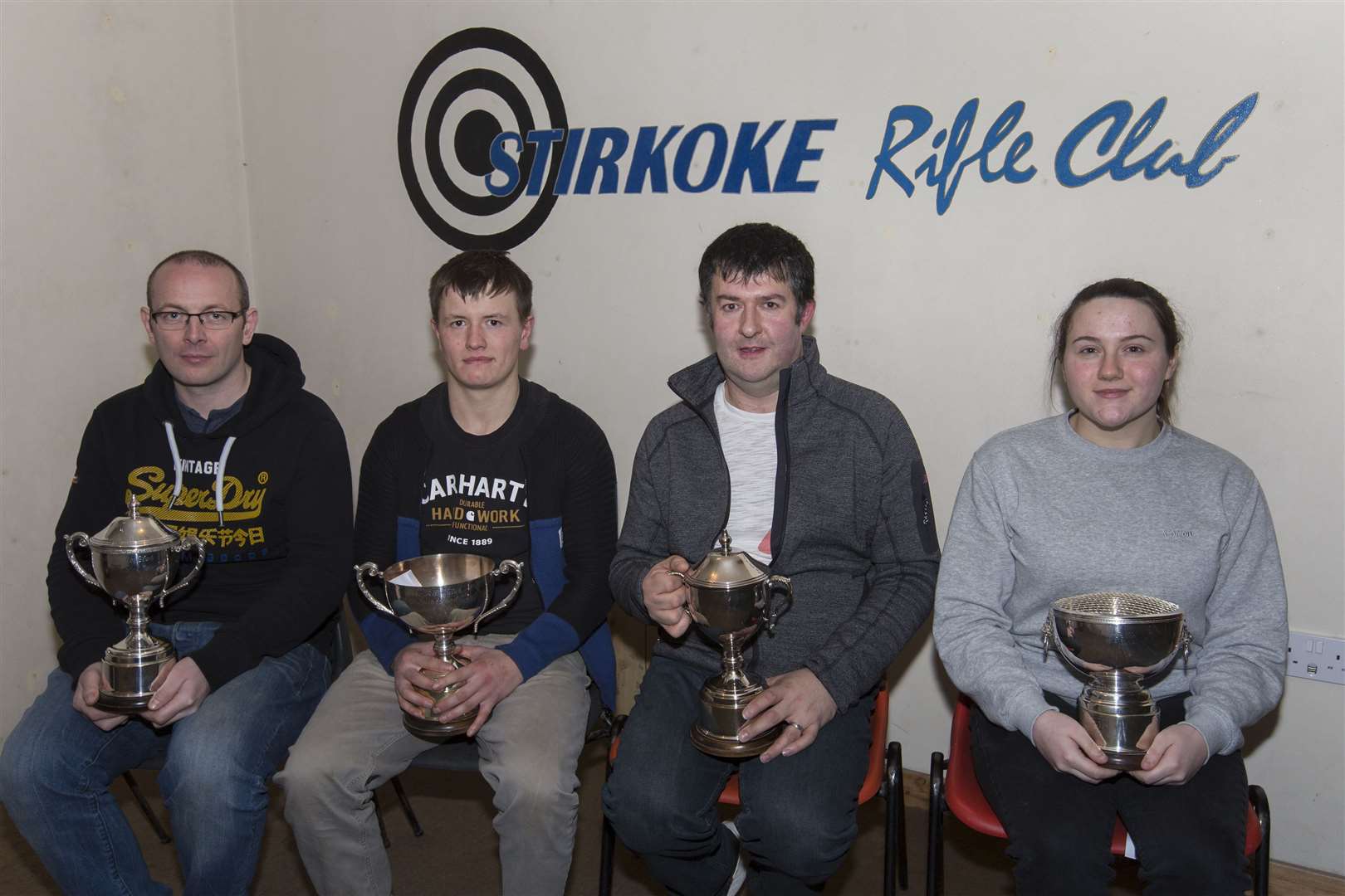 Stirkoke Rifle Club held its open shoot, sponsored by Mackays Hotel, on Saturday night. The trophy winners were (from left) class A, David Simpson, Wick Old Stagers; B, Scott Webster; C, Gavin Henderson, both Stirkoke; and D, Caitlin Green, Westfield. Picture: Robert MacDonald / Northern Studios.