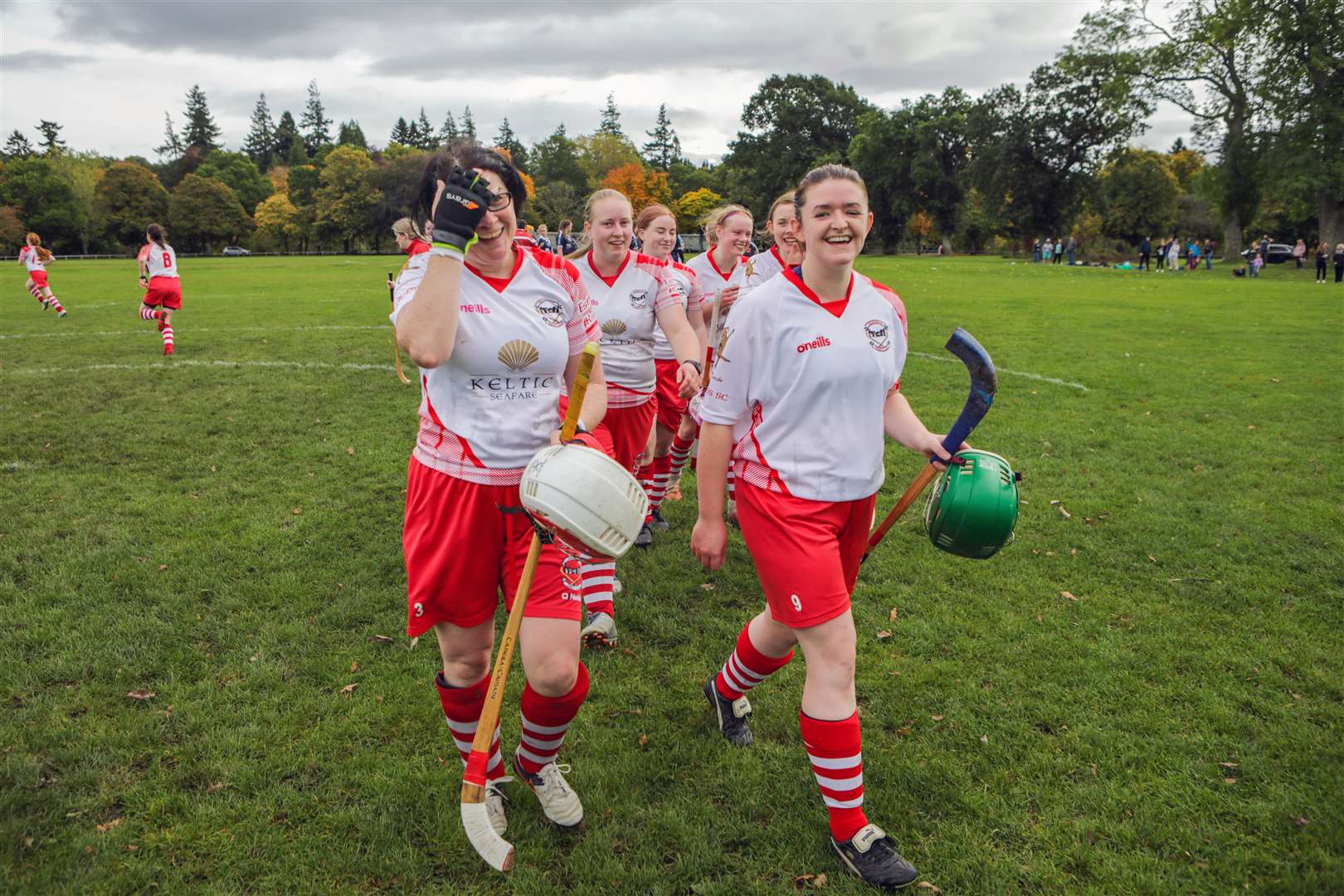 Inverness celebrate after winnning the Women's Mod Shinty Cup on penalties at Bught Park Inverness - The Royal National Mòd 2021 in Inverness, Scotland, 9/10/21
