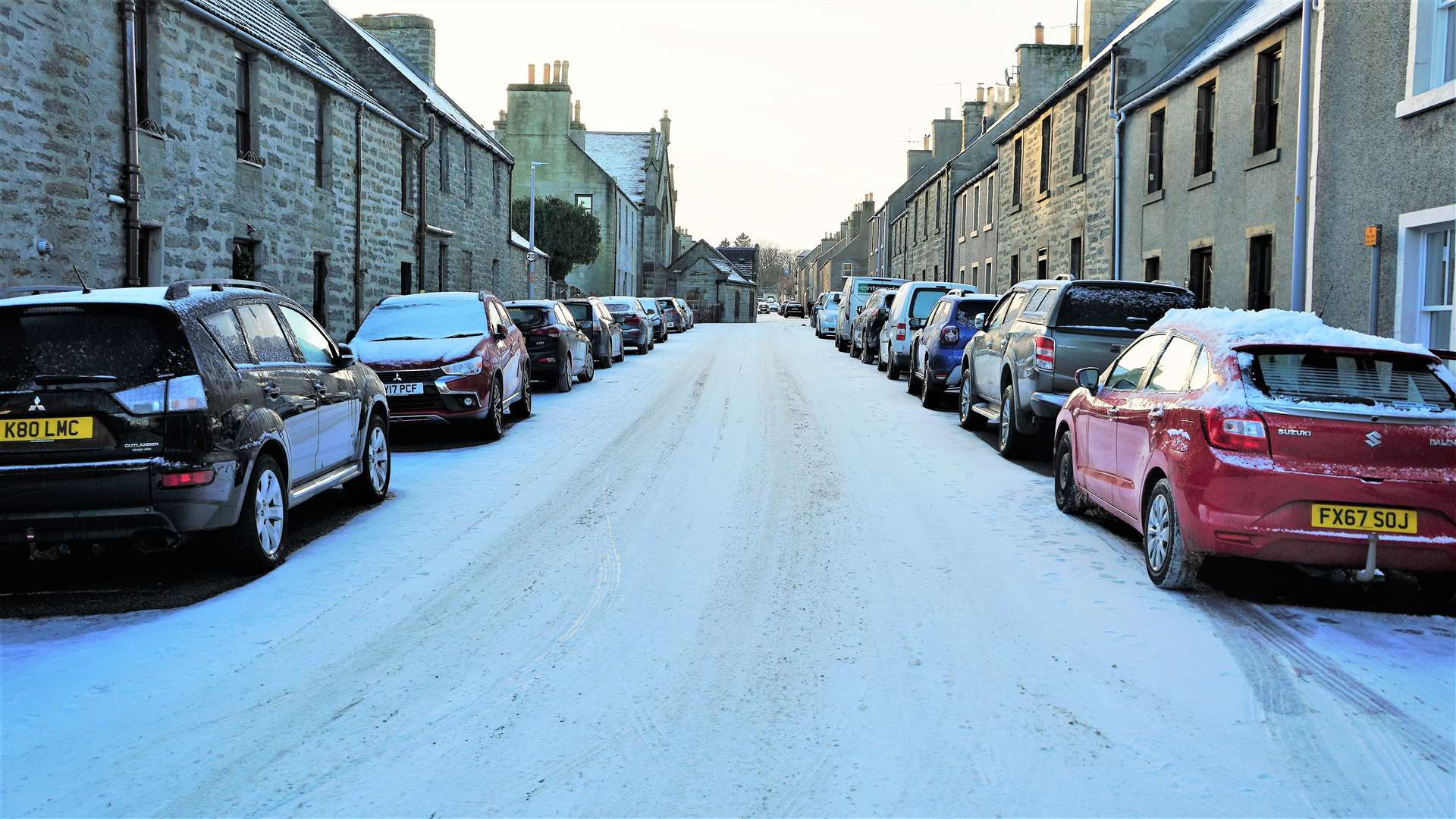 Snow filled road in Thurso earlier today. Picture: DGS