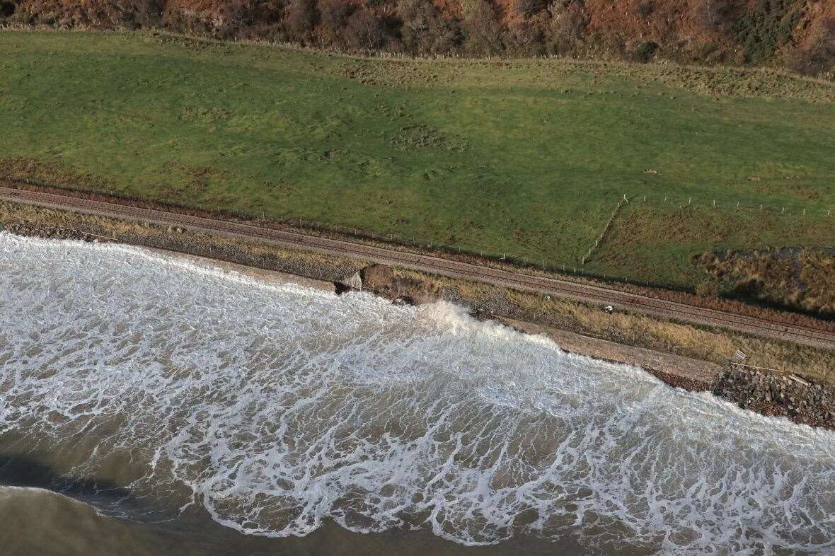 The damaged sea defence between Helmsdale and Brora. Picture: Network Rail via Twitter.