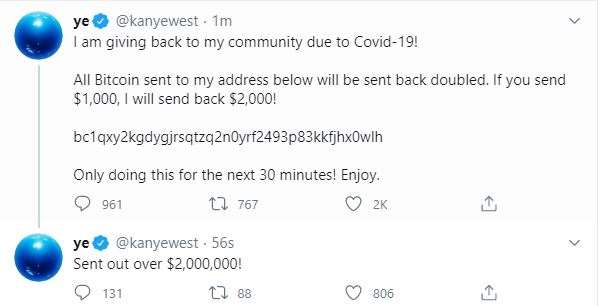 Screen grab taken from the Twitter account of Kanye West, now legally known as Ye, after a number of high-profile Twitter accounts were hacked as part of a widespread cryptocurrency scam in 2020 (Twitter/PA)