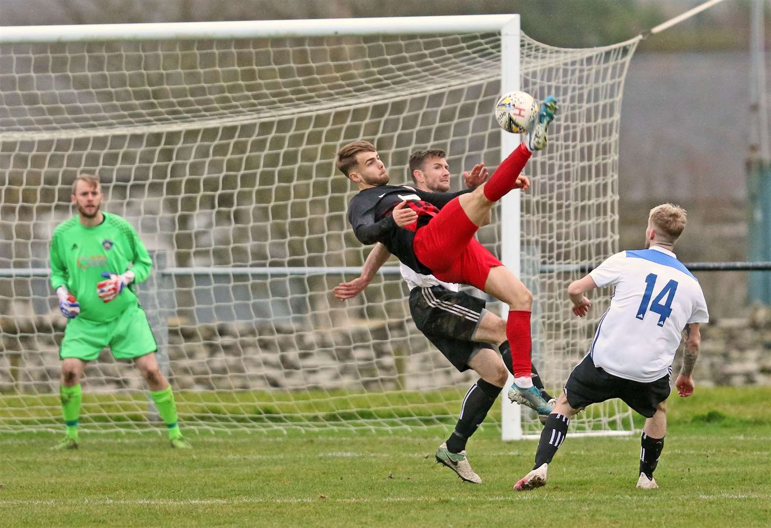 Halkirk United's Jonah Martens tries a bicycle kick in a goalless draw with Invergordon at Morrison Park in November. The Anglers' manager Ewan McElroy would have been content to see Invergordon being declared champions on a points-per-game basis. Picture: James Gunn
