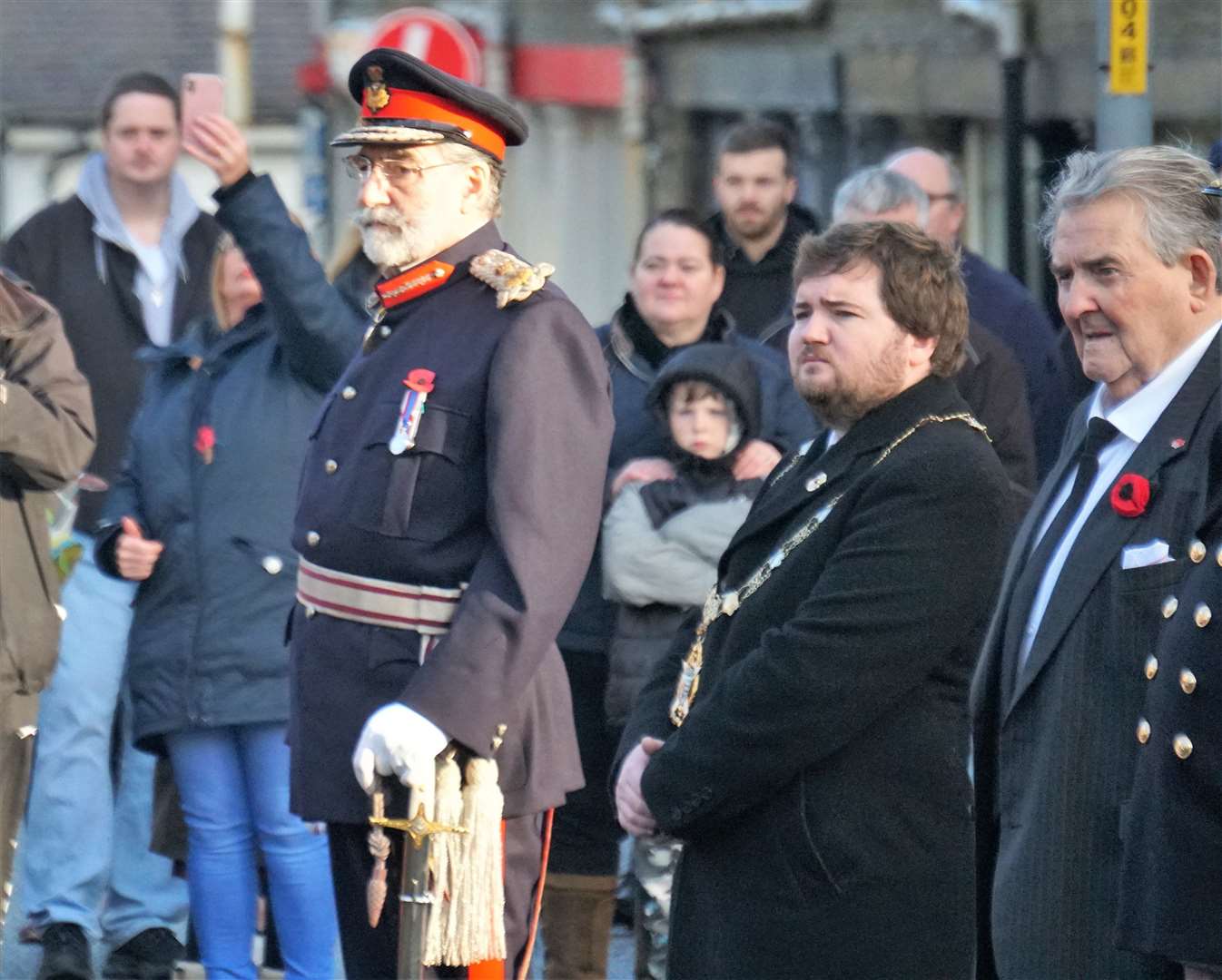 Remembrance parade in Thurso with, from left, Lord Thurso, Thurso Provost and local councillor Struan Mackie and Bert Macleod. Picture: DGS
