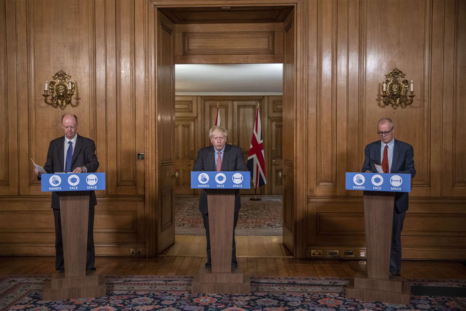 Chief medical officer Professor Chris Whitty, left to right, Prime Minister Boris Johnson and chief scientific adviser Sir Patrick Vallance at the press conference (Jack Hill/The Times/PA)