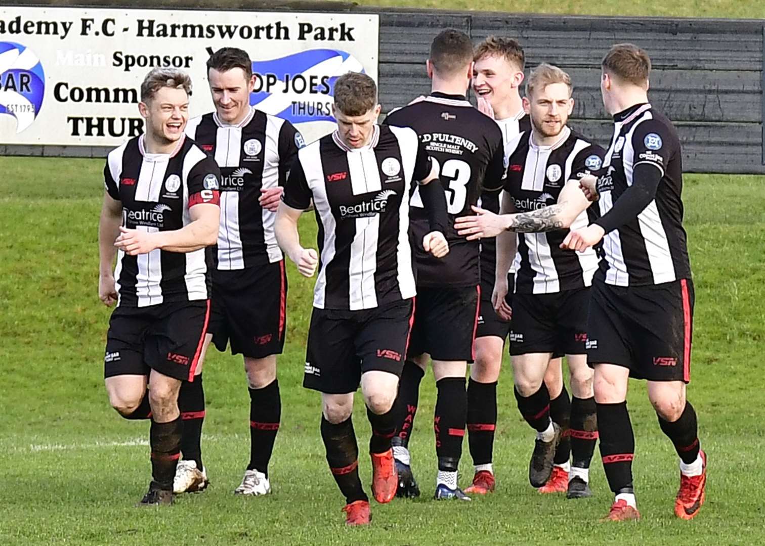 Wick Academy players celebrate Mark Macadie's goal early in the second half against Fort William. Picture: Mel Roger