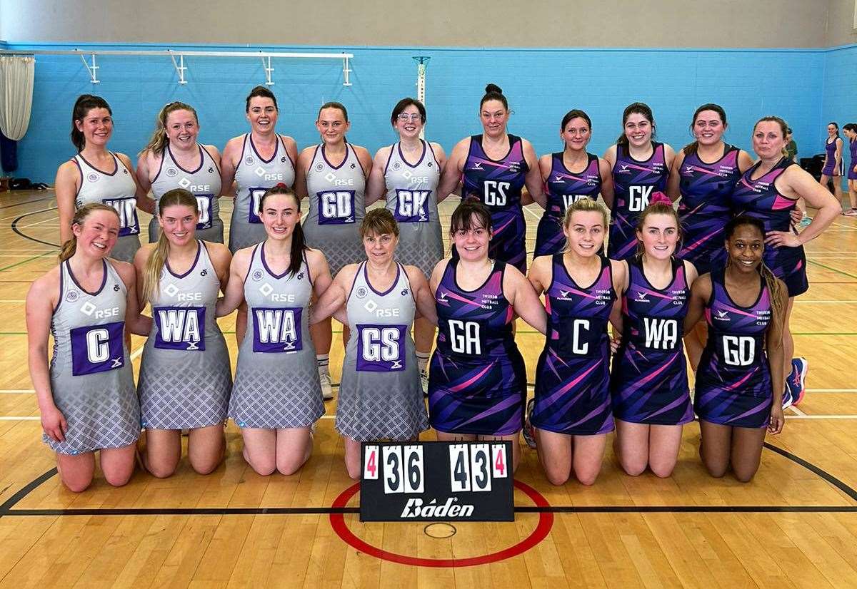 Thurso Netball Club on the right with their beaten opponents Inverness Rubies at Inverness Royal Academy.