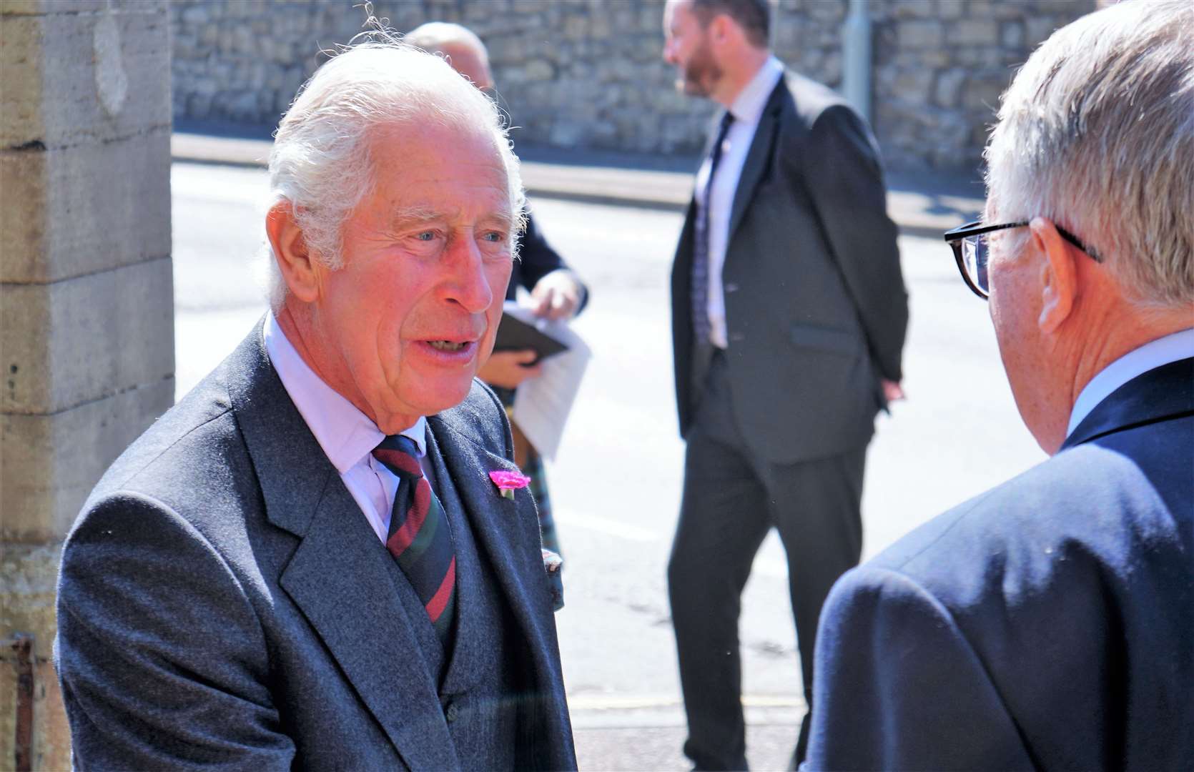 Jamie Stone MP greets Prince Charles upon his arrival at the Caithness Foodbank in Wick. Picture: DGS