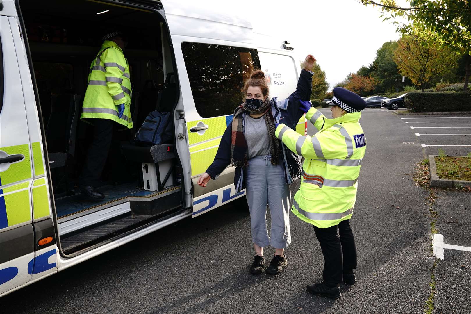 Protesters are arrested by police in the car park of the DoubleTree by Hilton Hotel Dartford Bridge (Jonathan Brady/PA)