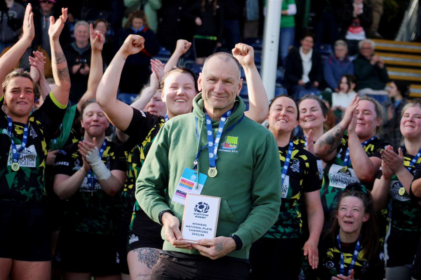 Coach Mike Flavell shows his pride after the Caithness Krakens' 47-27 victory over Uddingston Selkies on Silver Saturday. Picture: Anja Johnston