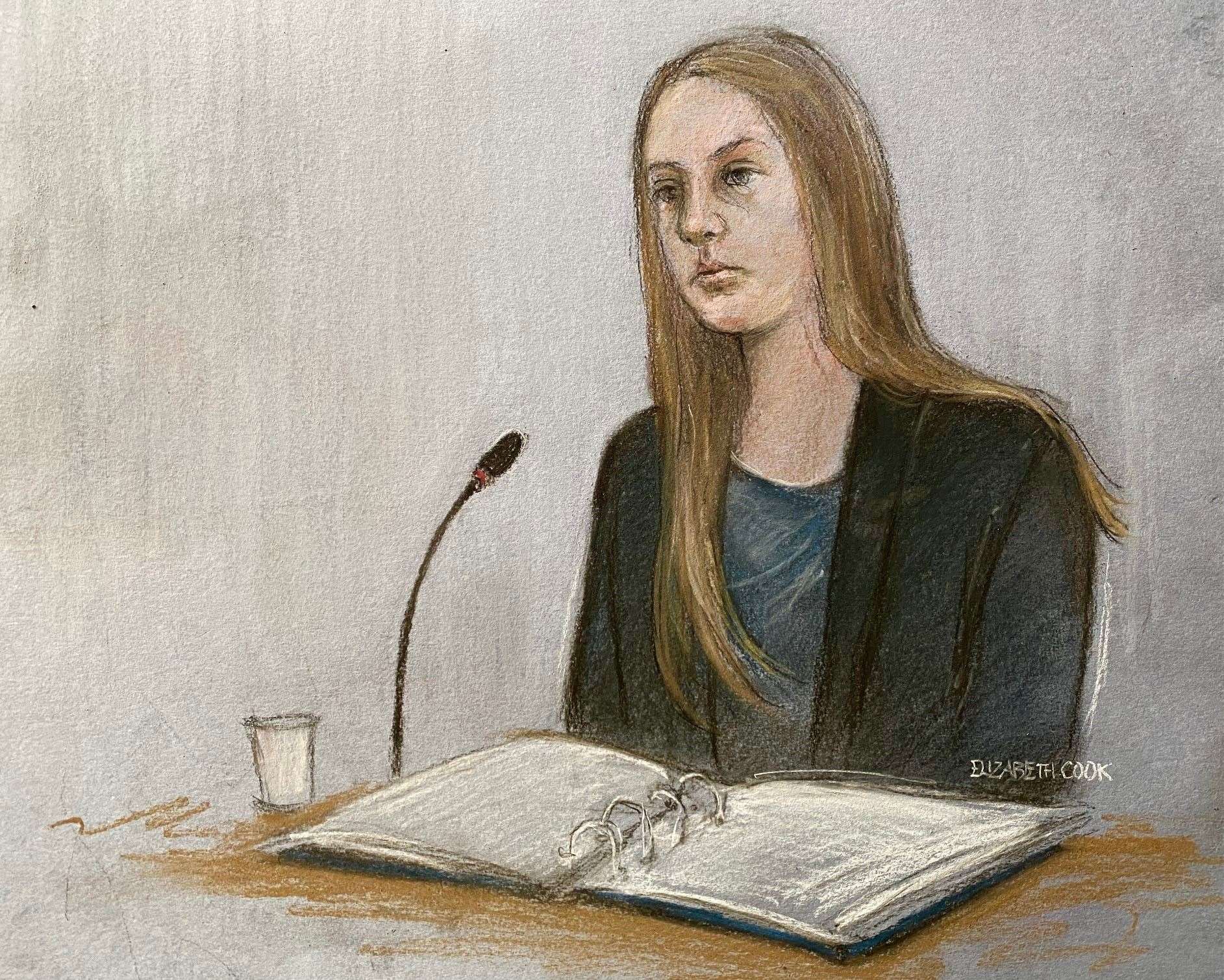 A court artist sketch of Lucy Letby giving evidence at Manchester Crown Court, where she is accused of attempting to murder a baby girl at the Countess of Chester Hospital in February 2016 (Elizabeth Cook/PA)