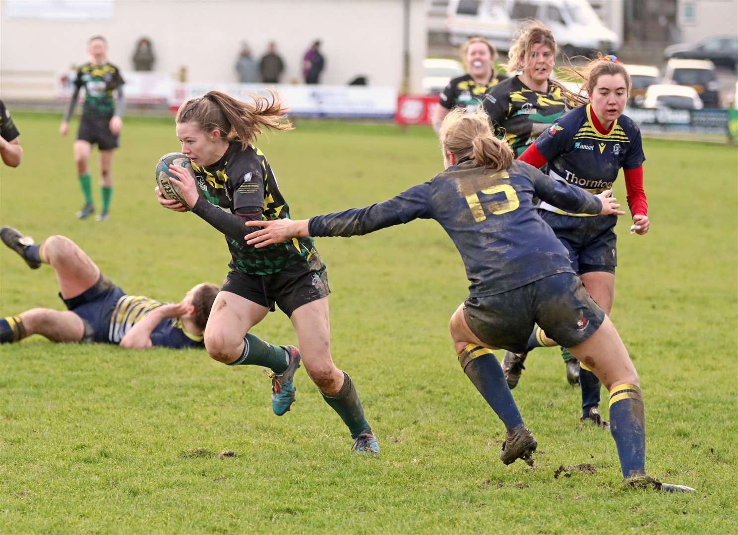 Caitlin Harvey on her way to scoring a try in the 116-0 thrashing of Dundee Valkyries 2nd XV at Millbank. Picture: James Gunn