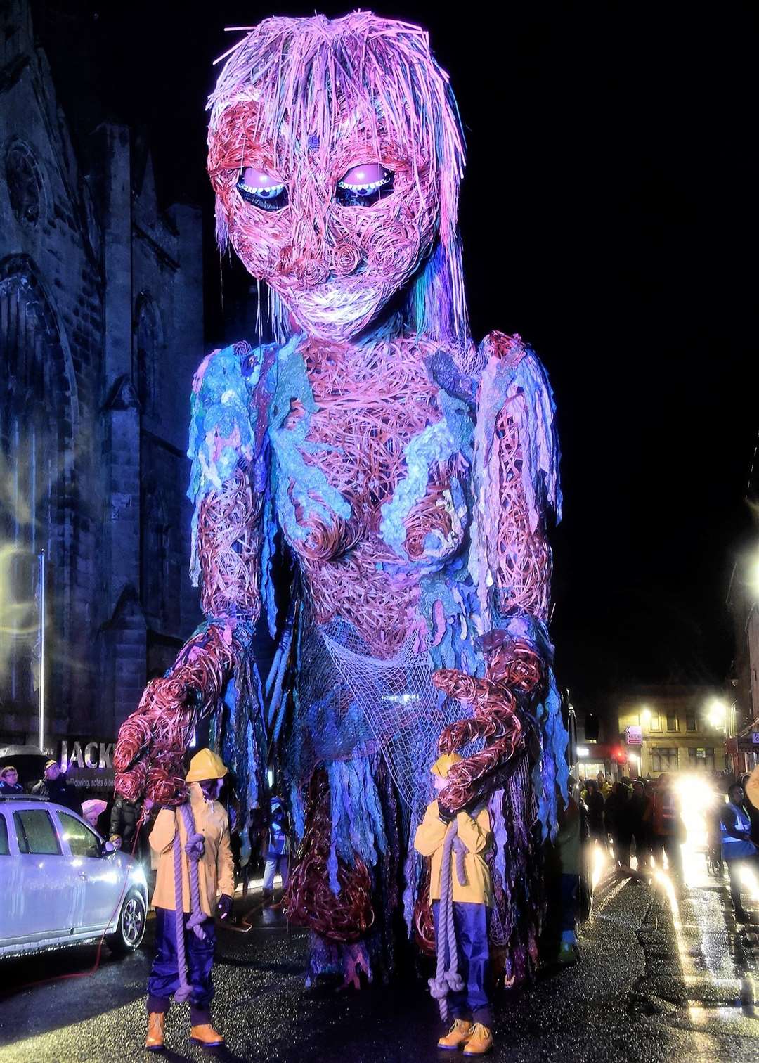 Sea goddess Storm, created from recycled materials, going through Bridge Street during the 2021 Northern Lights Festival. Picture: Mel Roger