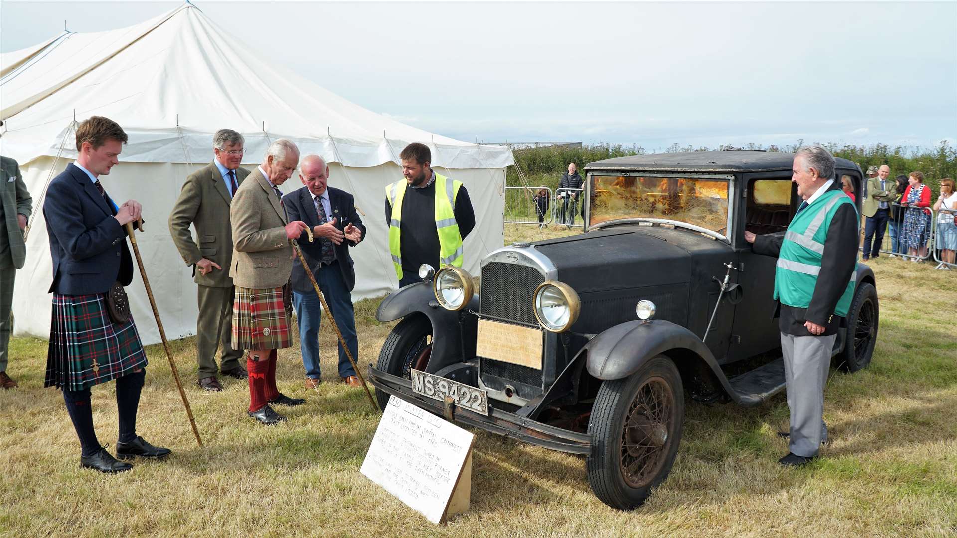 The King meets members of the Caithness and Sutherland Vintage and Classic Vehicle Club who showed him a 1930 Humber. The car had belonged to a previous owner of His Majesty's residence at the Castle of Mey. Picture: DGS