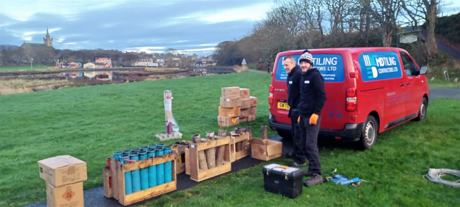 Barry and Ryan from Fireworx Scotland set up the display on Saturday afternoon. Picture: DGS