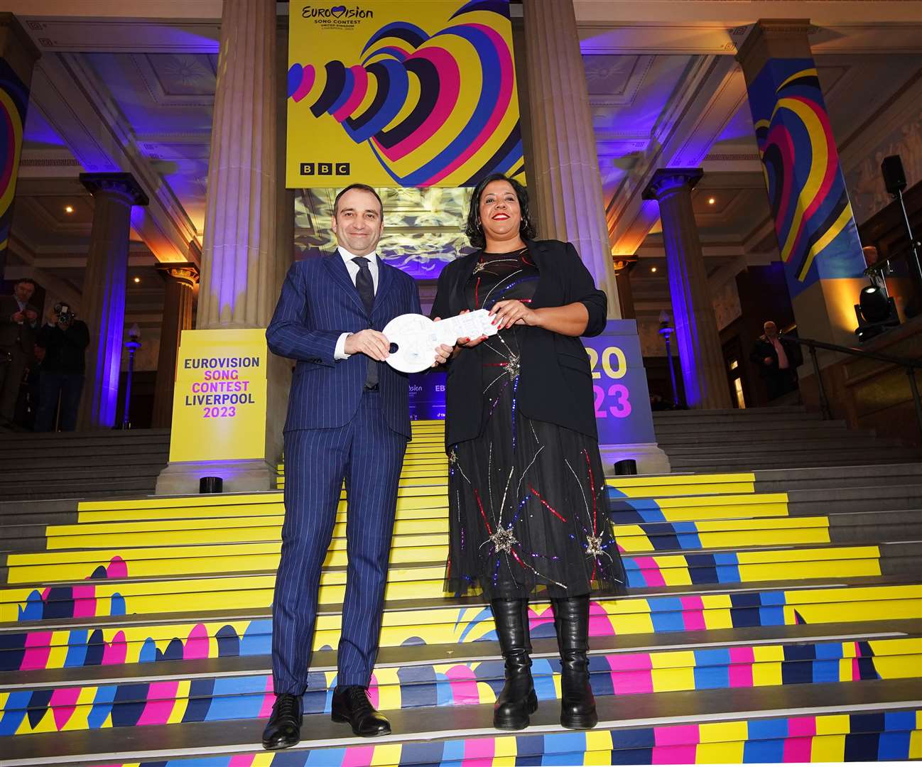 Mayor of Turin Stefano Lo Russo and Mayor of Liverpool Joanne Anderson at St George’s Hall in Liverpool, as the Eurovision Song Contest is officially passed to the city of Liverpool (Peter Byrne/PA)