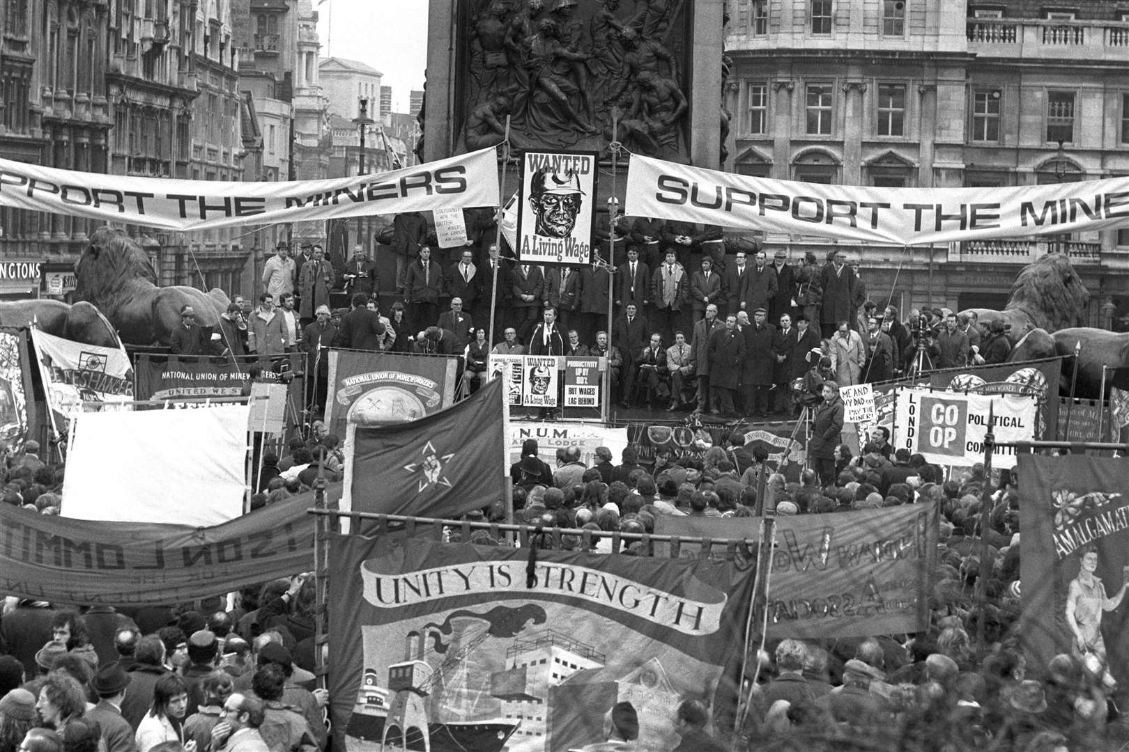 A protest in Trafalgar Square during the miners’ strike (PA)