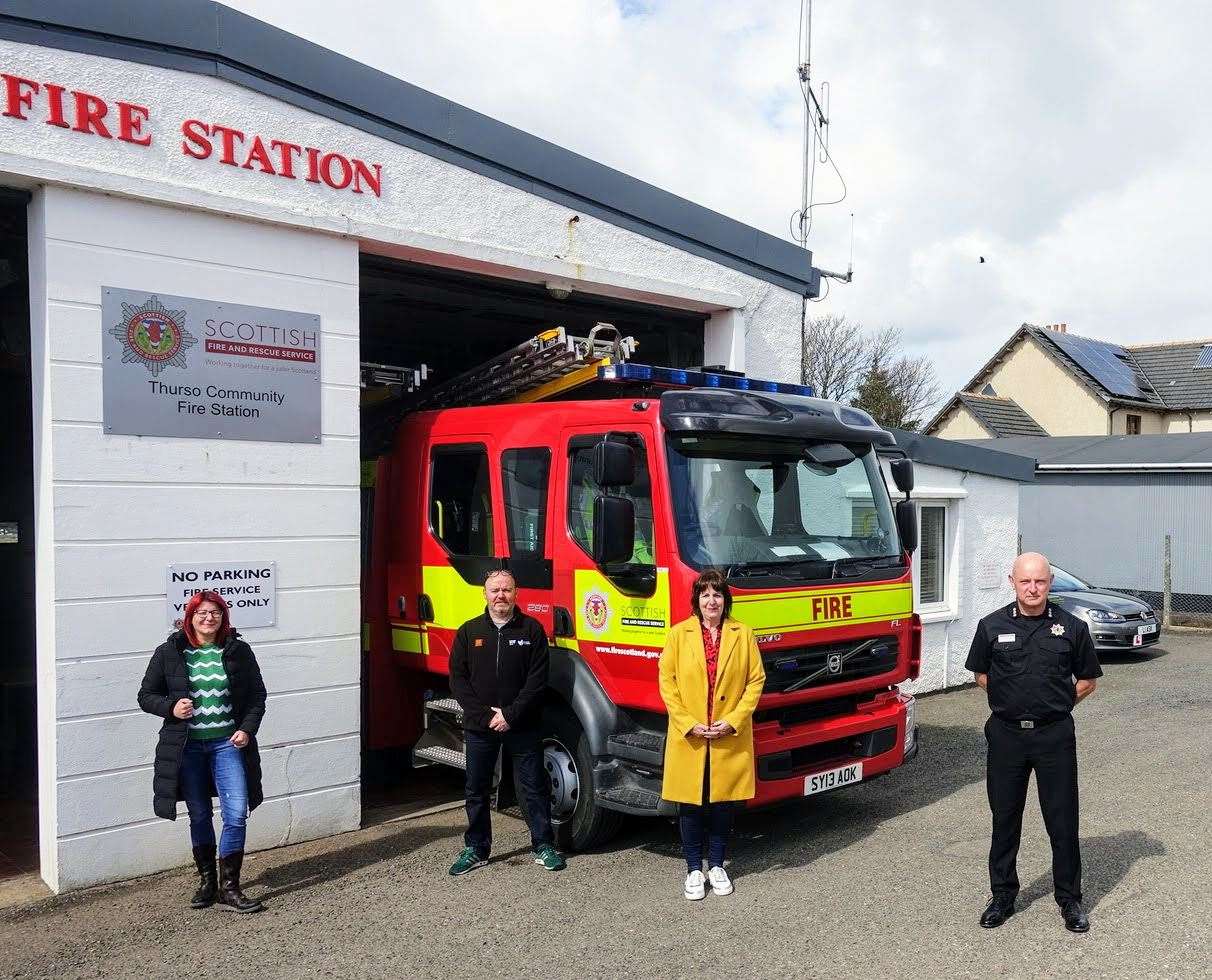 From left: Stephanie Remers, Caithness Poverty Action Group chairperson; Michael Cromby, home energy specialist at Home Energy Scotland; Pat Ramsay, of Caithness Foodbank; and Jim Donaldson, the previous station commander at Thurso for the Scottish Fire and Rescue Service, promoting the launch of the survey in October.