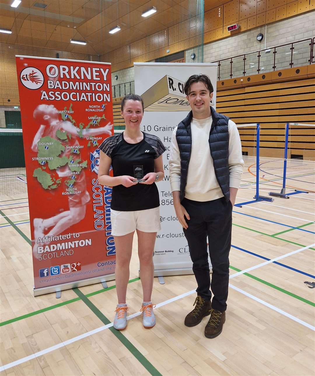 Ladies' singles runner-up Shona Mackay with Jamie Clouston from the sponsors.