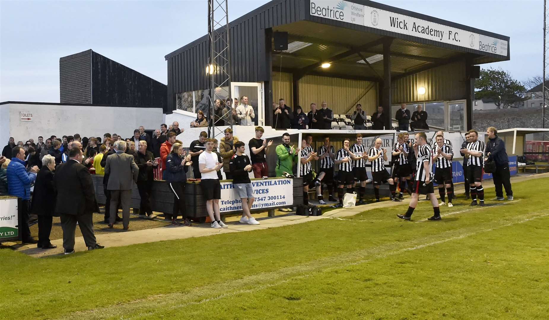 Richard Macadie is applauded off after making a speech at the end of his testimonial match against Aberdeen at Harmsworth Park. Picture: Bob Roger