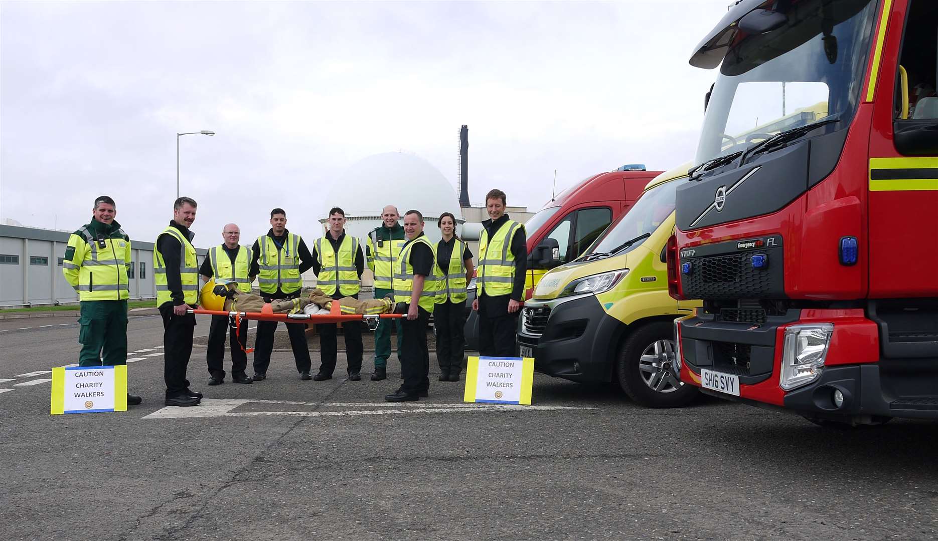 Some of the team from the Dounreay Fire, Ambulance and Rescue Service with their 'casualty' – a dummy weighing 60kg. Their fundraising event will go ahead next Friday after being postponed last September.