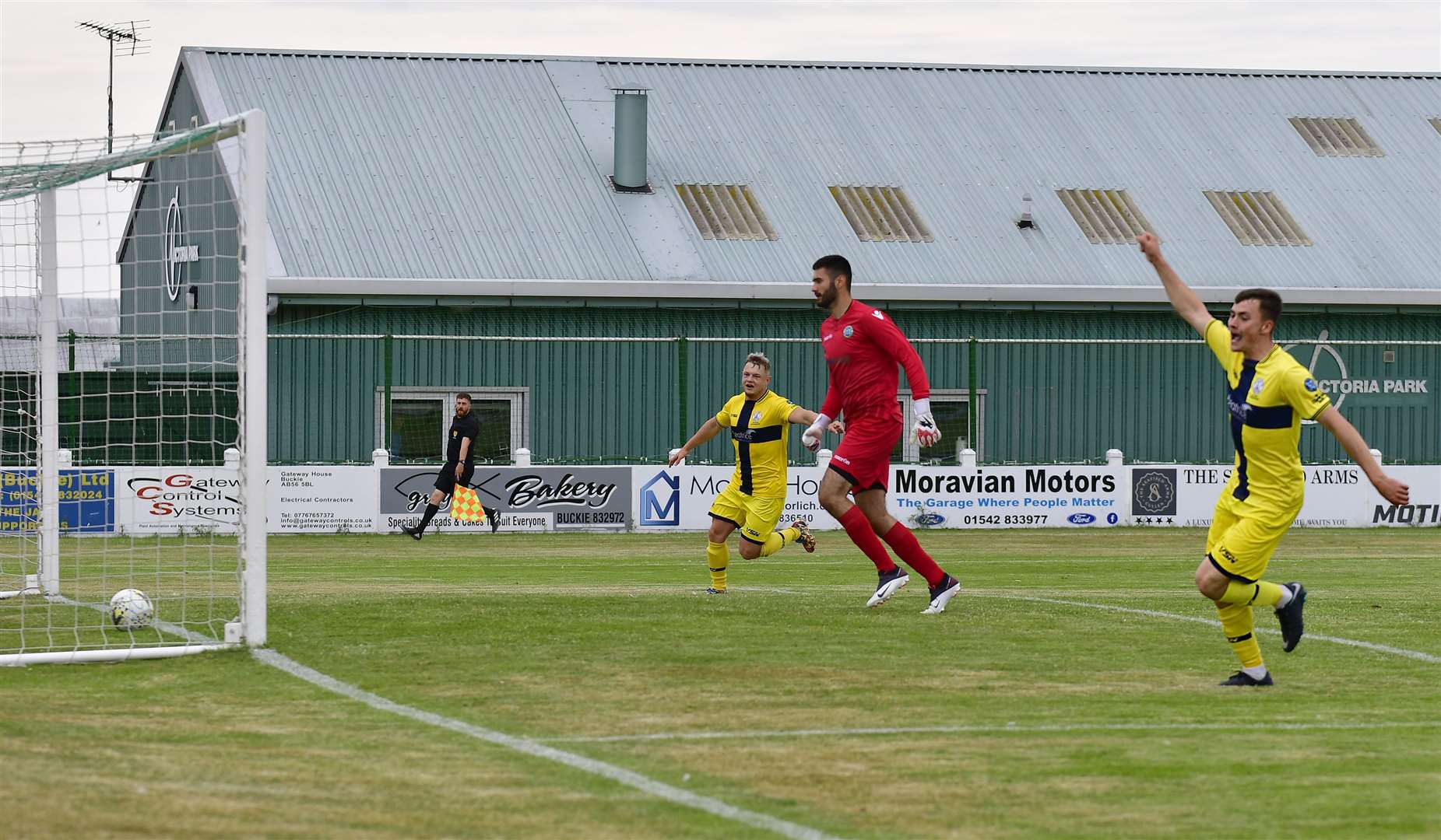 Ryan Campbell turns to celebrate after netting Wick Academy's first goal of the Highland League season, having been set up by Jack Halliday. Picture: Mel Roger