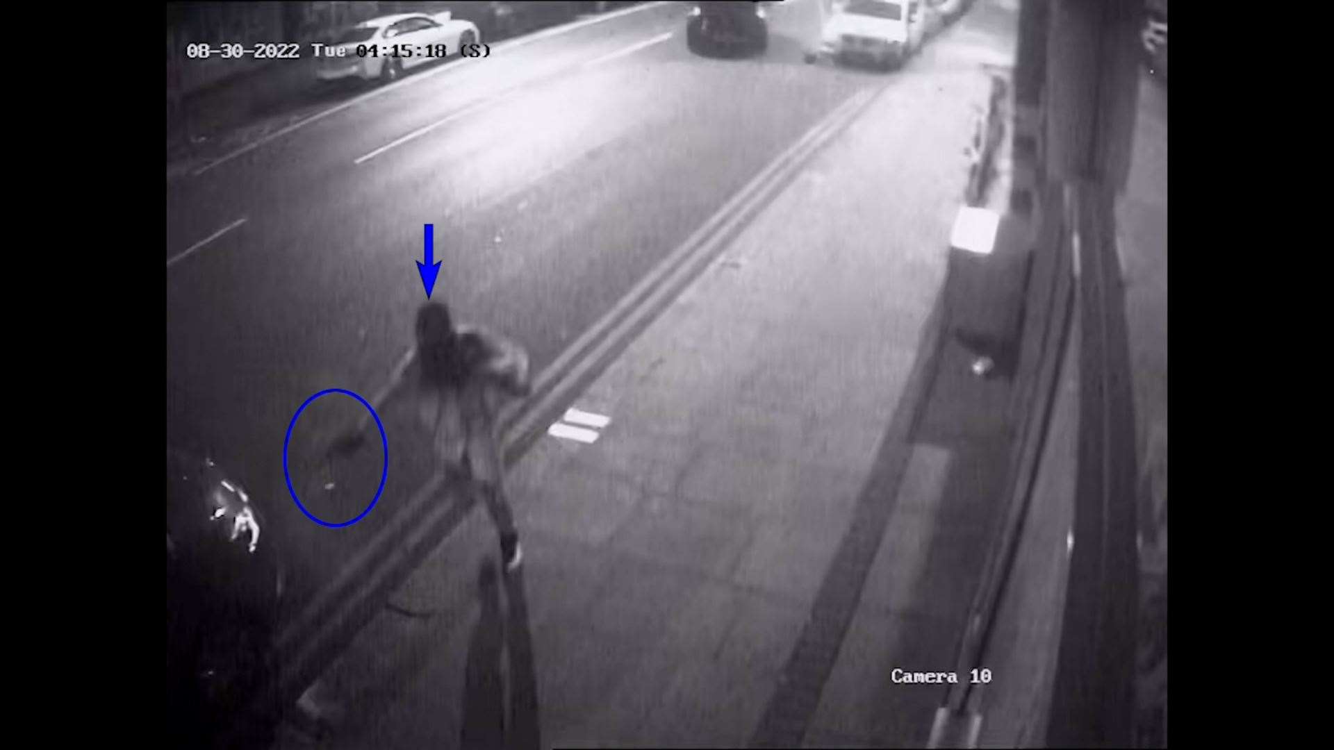 A still from footage alleged to show Chris Kaba, arrowed in blue, shooting at a gang rival outside a busy London nightclub (CPS/PA)