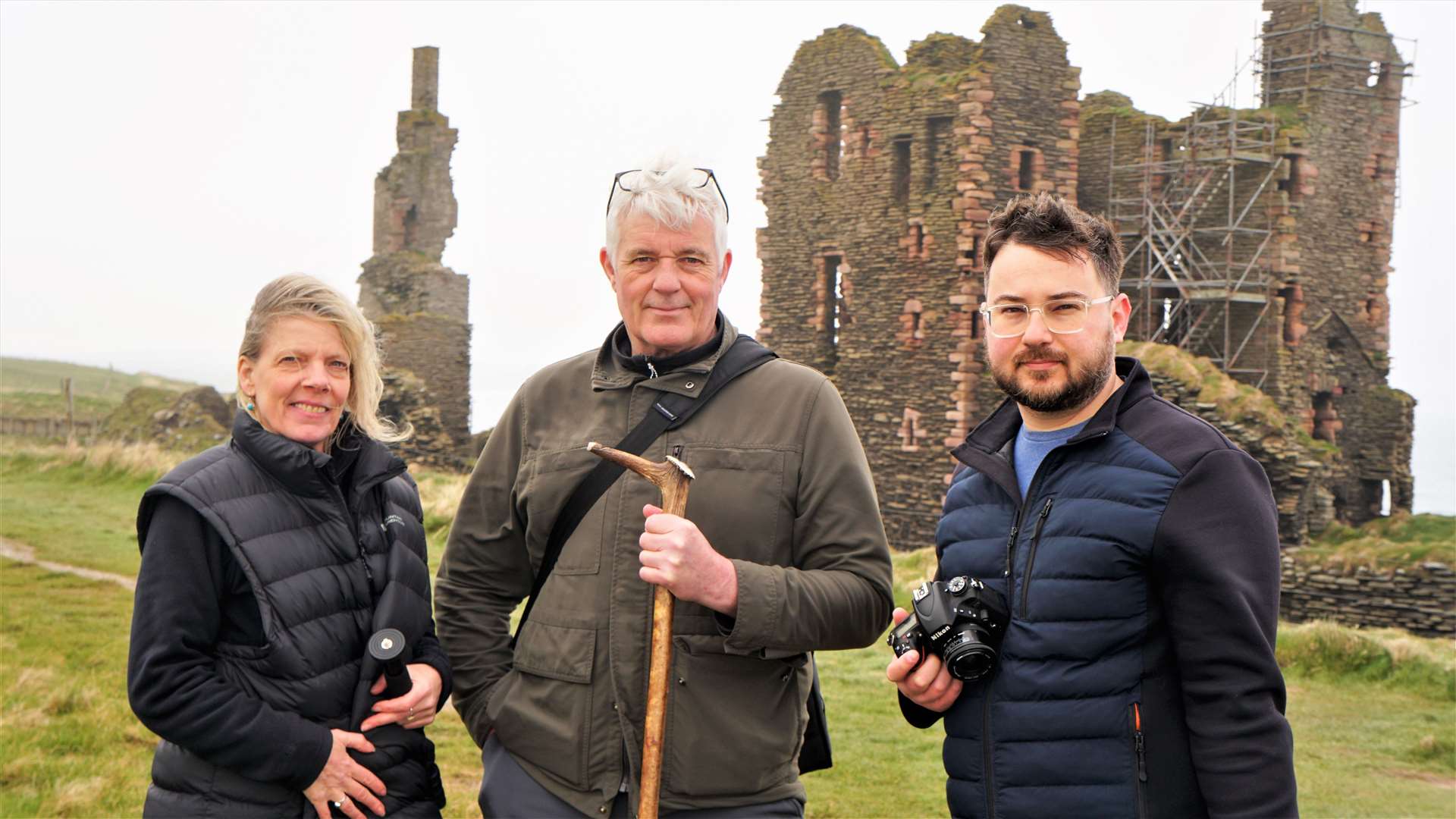 From left, production coordinator Lois Stevenson from Pathway, author Shawn Williamson who wrote Questus and Nathan Newman who is co-founder of Pathway. They are pictured at Sinclair-Girnigoe Castle on a recent recce trip. Picture: DGS