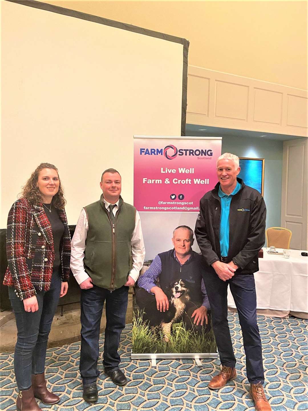 Rebecca Dawes, Farmstrong Scotland, and Alexander Pirie, of SAC Consulting who have supported two of the events on the tour (Ayr and Caithness), along with Marc Gascoigne (right).