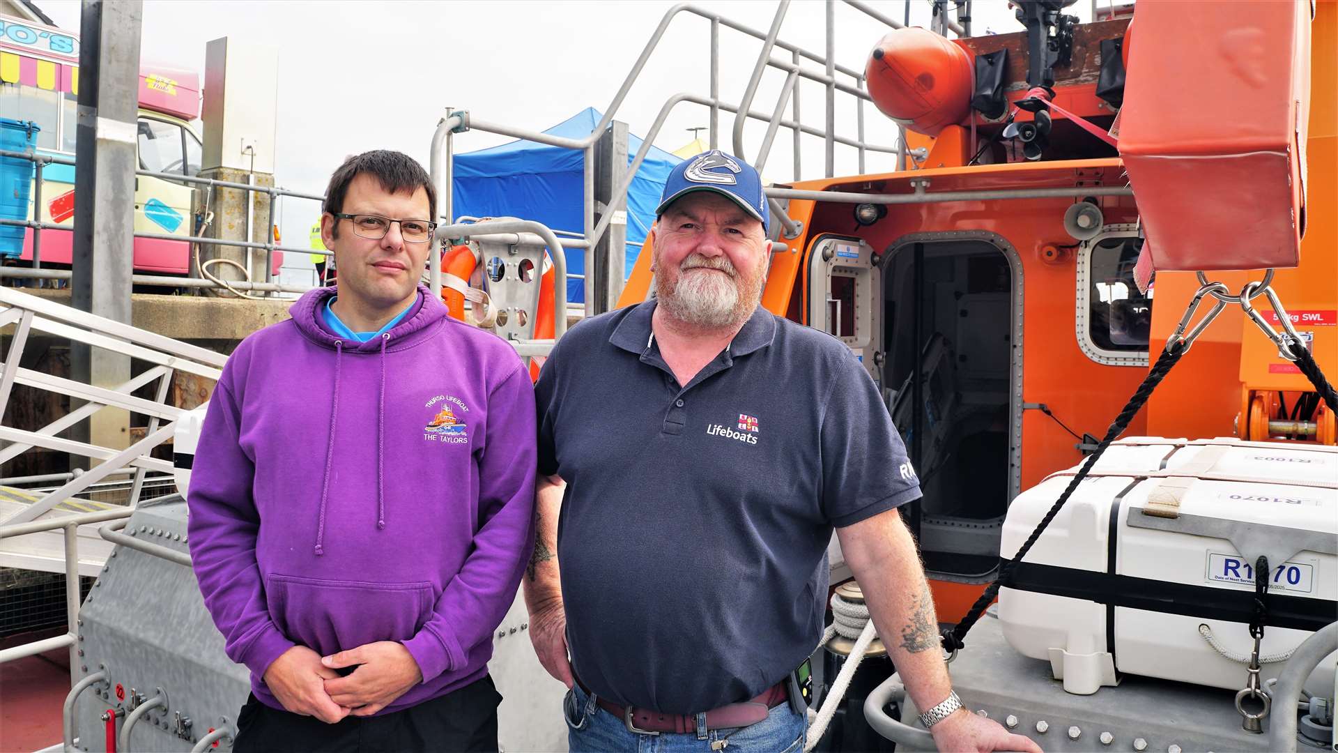 Ian Walker (left) is on the lifeboat fundraising committee and is pictured with coxswain Gordon Munro on The Taylors. Picture: DGS
