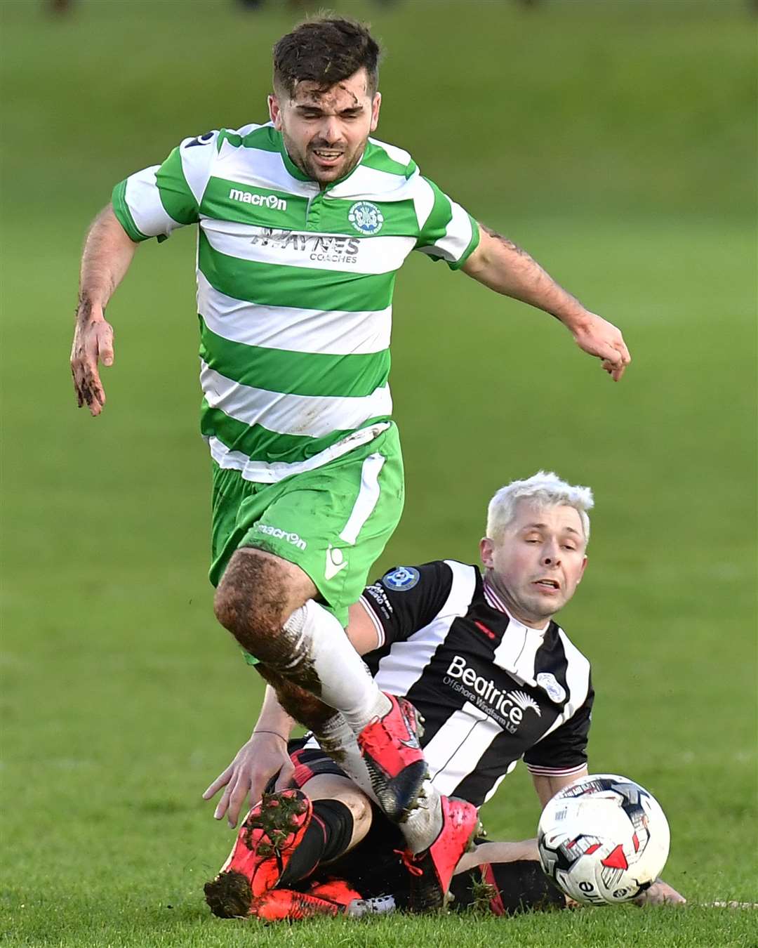 Jack Henry at full stretch to tackle Buckie's Andy MacAskill at Harmsworth Park last Saturday. Manager Gary Manson described Henry as 'your typical all-round box-to-box midfielder'. Picture: Mel Roger