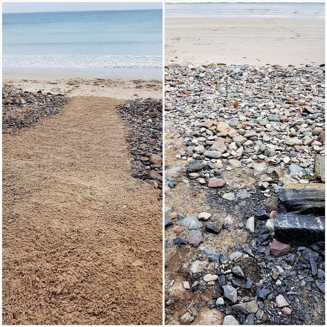 The community payback team cleared stones at Reiss beach to give easier access to visitors. The image on right shows the new path contrasted with the rocky one before work was carried out.