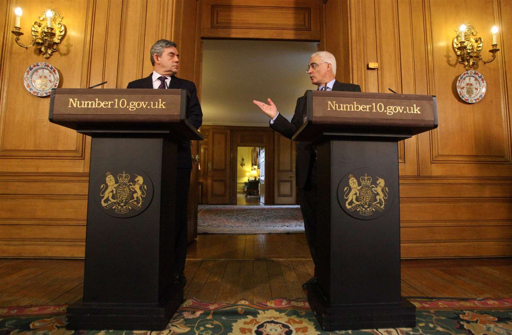 Gordon Brown and Alistair Darling during a press conference at Downing Street, London (Lewis Whyld/PA)