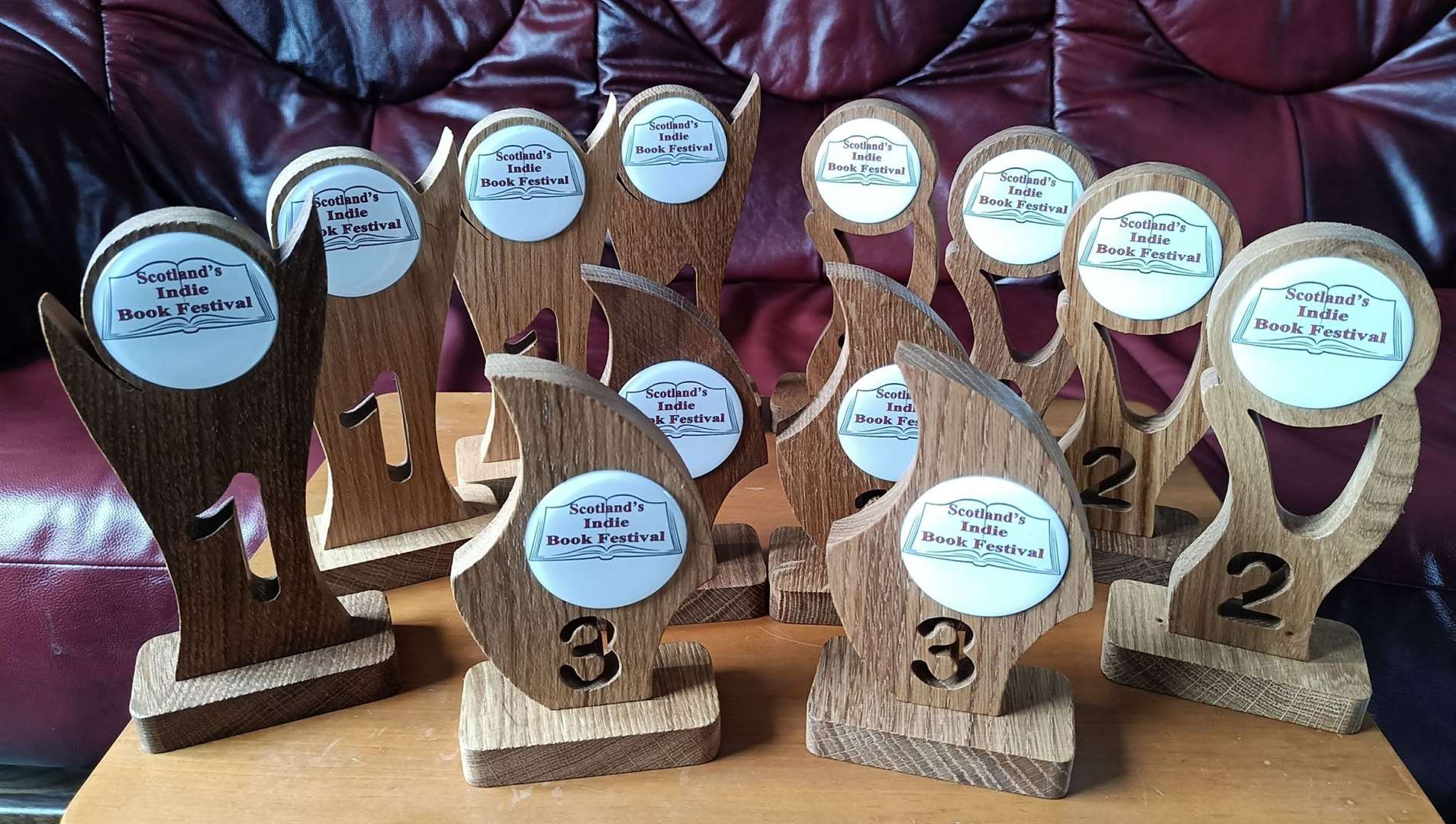 The handsome, wooden trophies which were presented to the winners of the writing competitions.