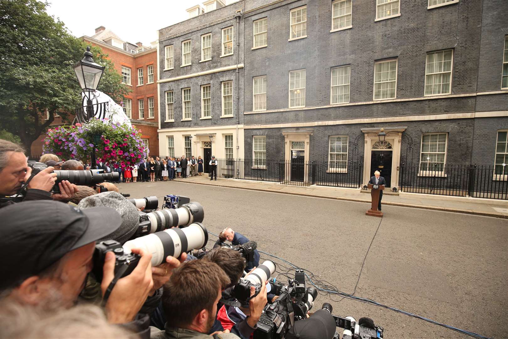 Prime minister Boris Johnson reads a statement on July 7 outside 10 Downing Street formally resigning as Conservative Party leader after ministers and MPs made clear his position was untenable (James Manning/PA)