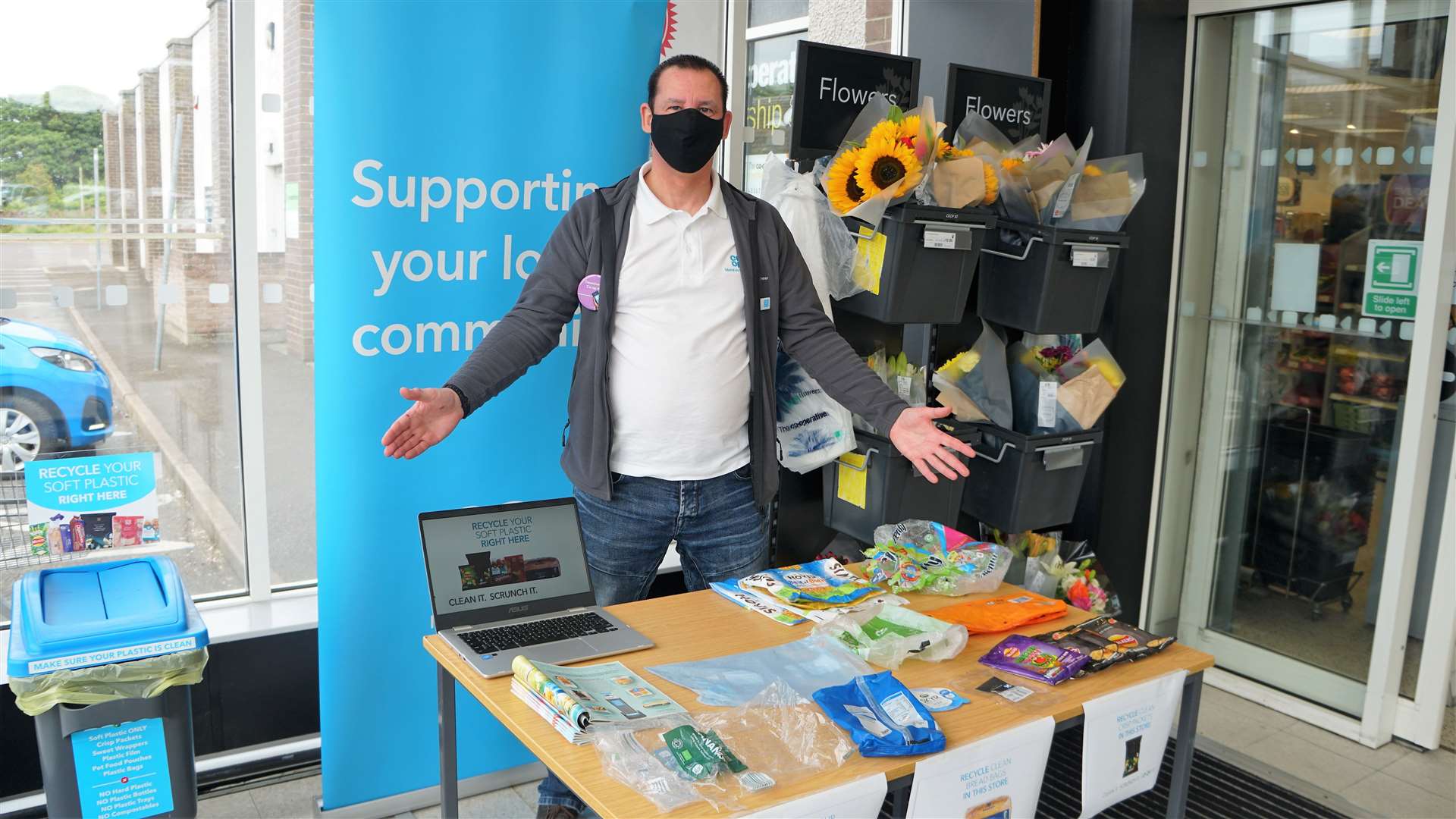 Jamie Robson, the shared value member pioneer for the Wick Co-op, hosted a public display of soft plastic wrappers that the store can now dispose of. Pictures: DGS