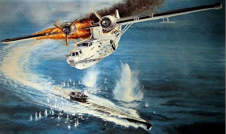 VC Attack by artist Graham Wragg showing the daring event in which Hornell's aircraft sank a German submarine despite sustaining severe damage. Courtesy of the Canadian Department of National Defence
