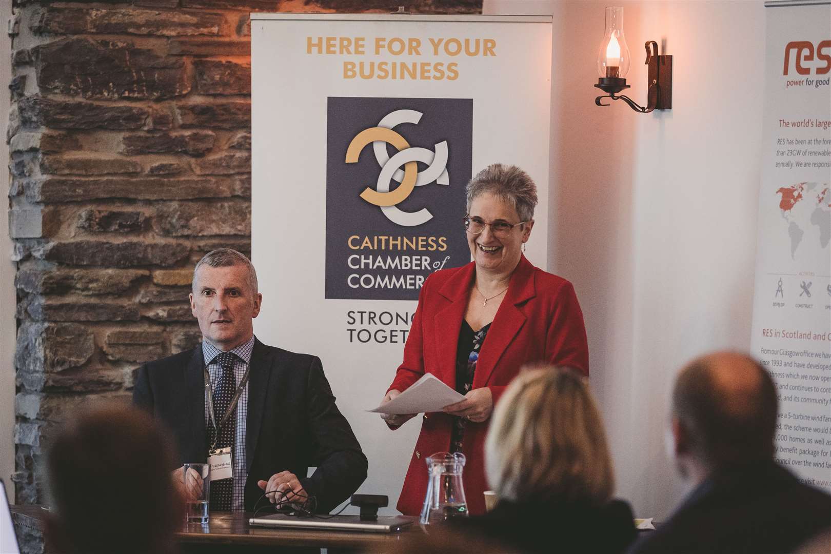 Trudy Morris and Stephen Sutherland enjoy a lighter moment during the Caithness Chamber of Commerce's AGM.