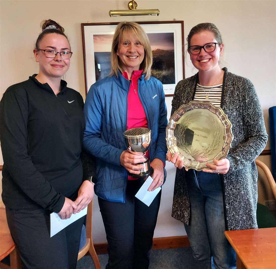 From left: Sarah Meiklejohn (third handicap), Pam Bain (first scratch) and Rebecca Munro (first handicap) after the Navcommsta Open hosted by Wick Golf Club.