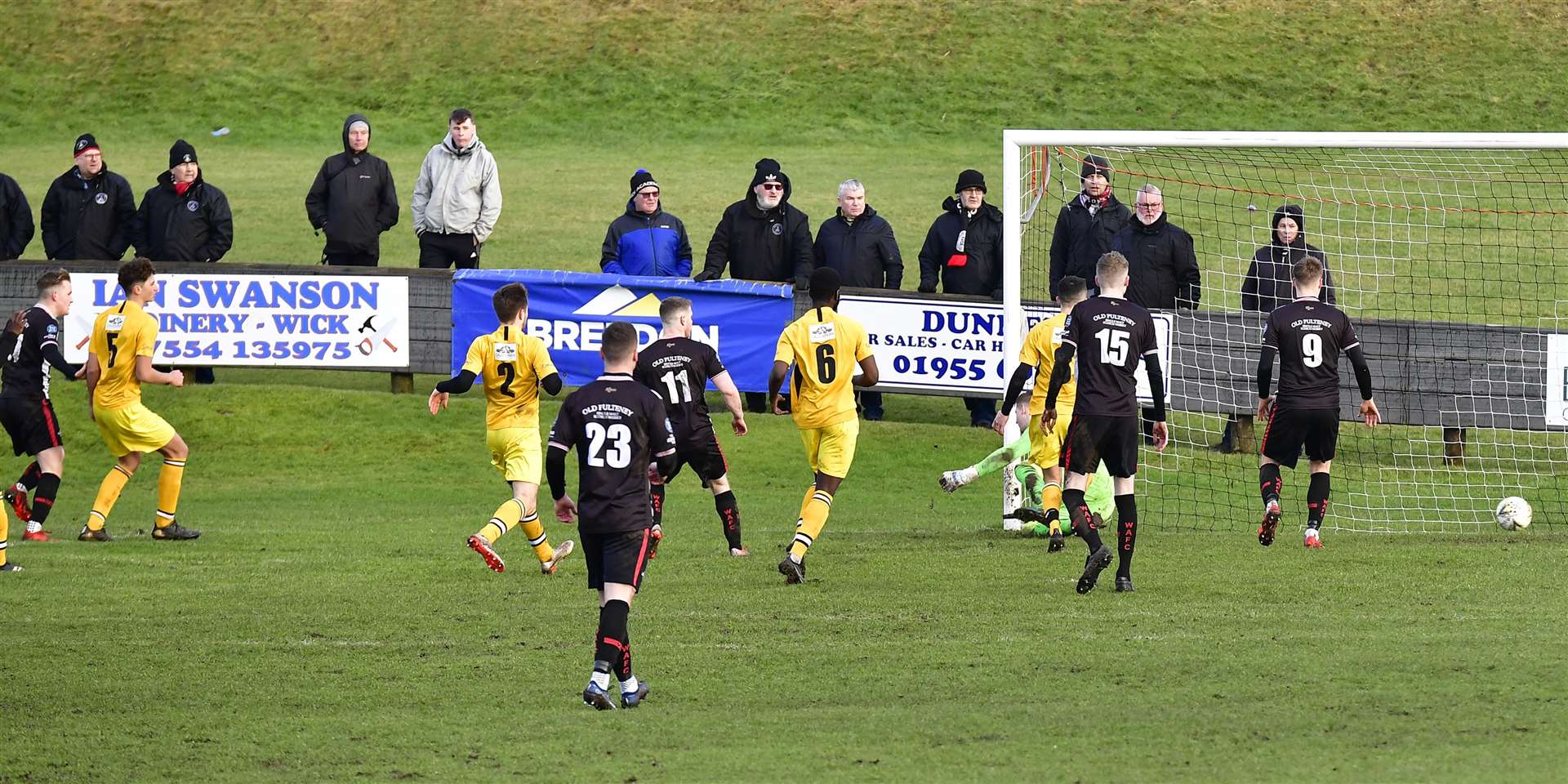 Mark Macadie (left) watches his shot beat Fort William keeper Matuesz Kulbacki to make it 3-0 to Wick Academy. Picture: Mel Roger