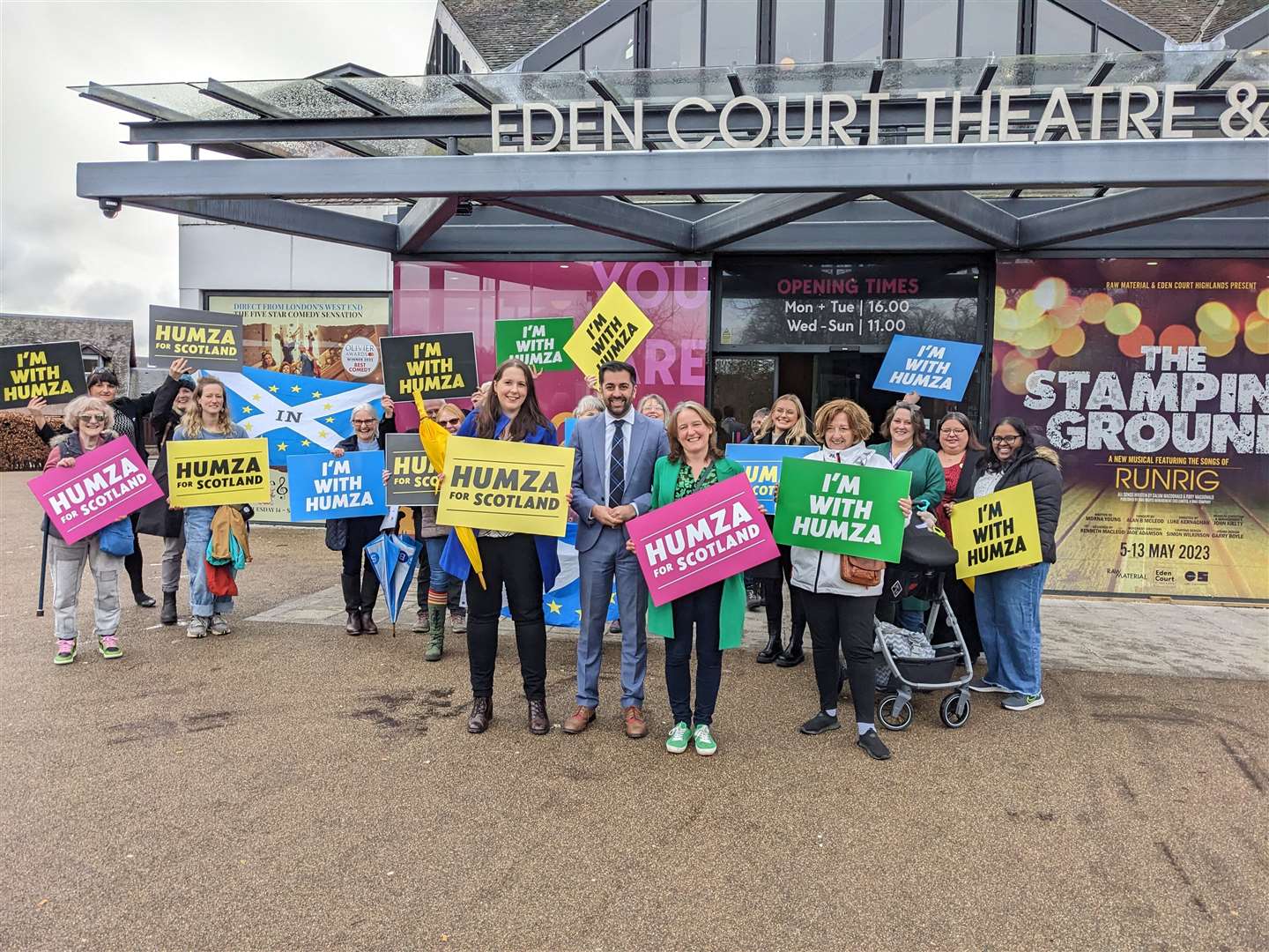 Humza Yousaf (centre) greeted by supporters in Inverness, including Caithness, Sutherland and Ross MSP Maree Todd and Highland MSP Emma Roddick.