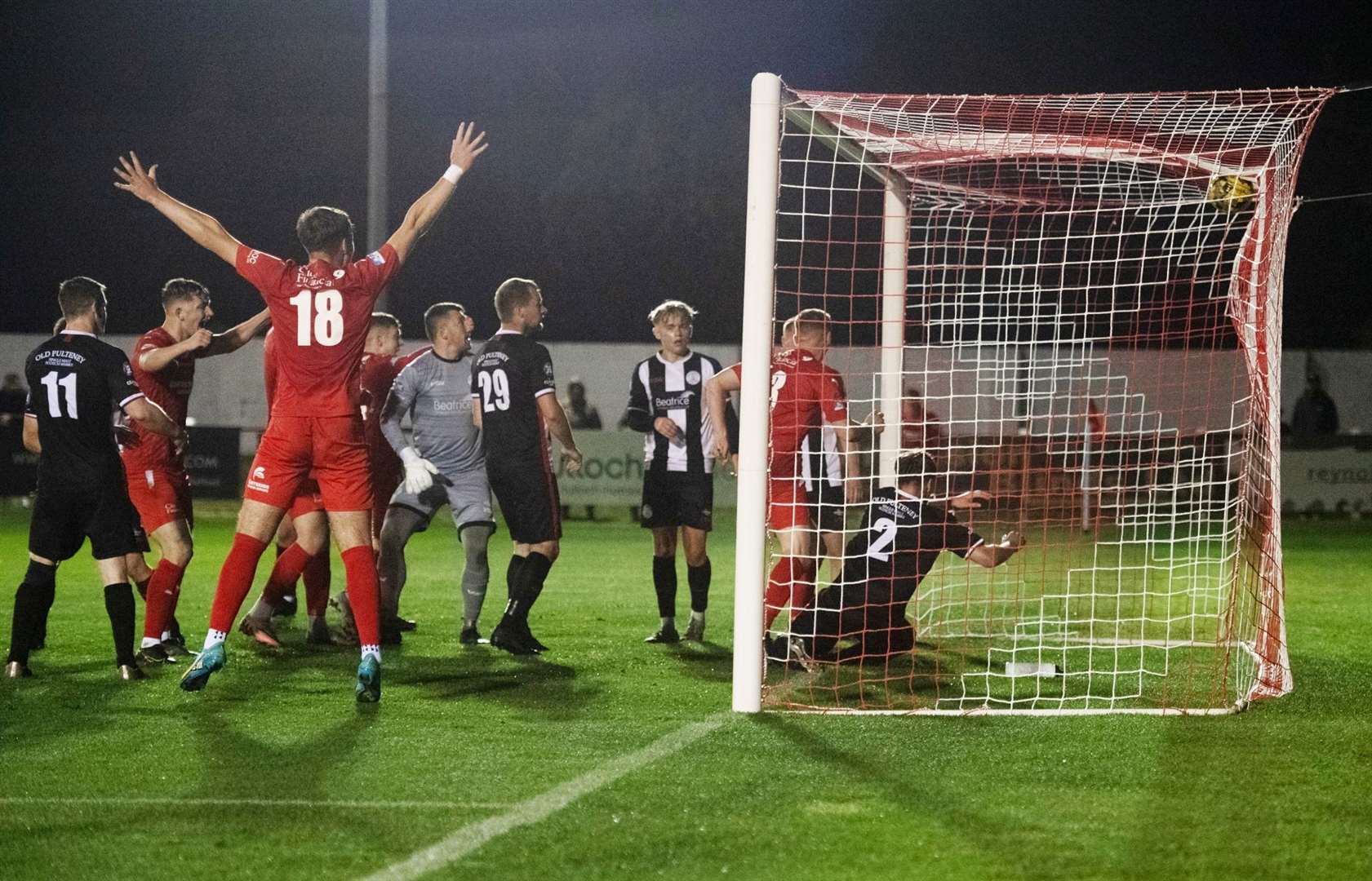 Colin Williamson knocks in Brora Rangers' stoppage-time winner against Wick Academy in the midweek North of Scotland Cup clash at Dudgeon Park. Picture: Callum Mackay