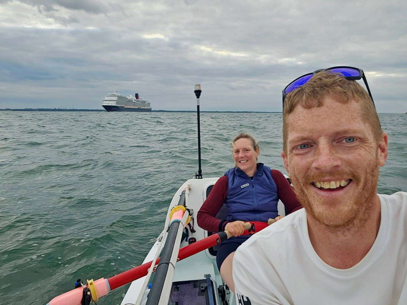 A selfie for Allan and Mhairi off Cowes, with the Cunard cruise ship Queen Anne in the background. Picture: Stormy and Steth