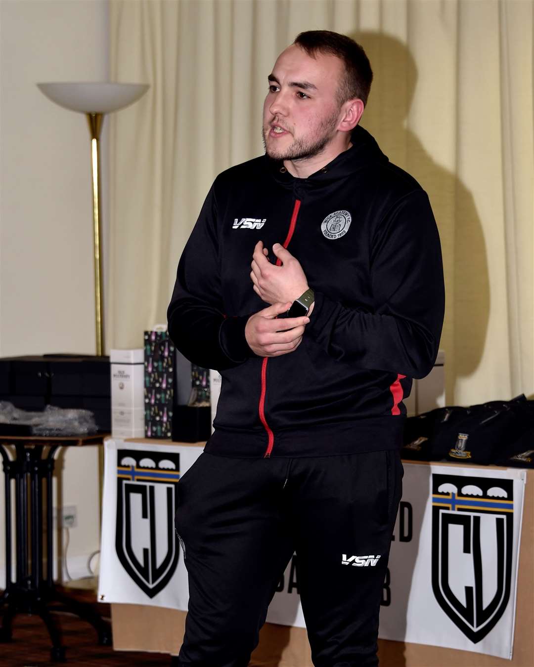 Guest speaker Owen Harrold, the Wick Academy supporters' player of the year, answering questions from the audience at the 2024 Caithness United presentation event. Picture: Mel Roger
