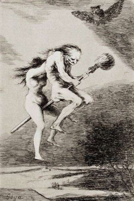 An etching by Francisco de Goya from 1797 shows an archetypal image of witches riding a broomstick.