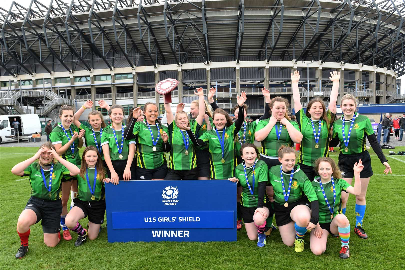The Caithness team celebrating their success in the U15 Girls’ Shield at Murrayfield. Picture: Scottish Rugby / SNS