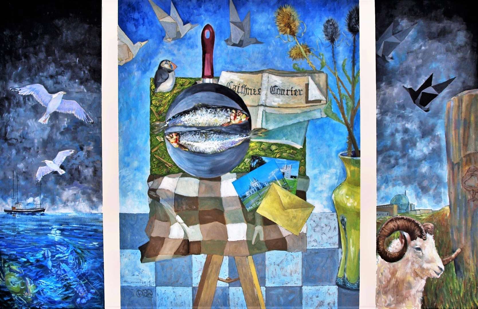 Painting by William Wallace Aspects of the Caithness triptych, oil on panel.  It incorporates a copy of the Caithness Courier in the center panel.
