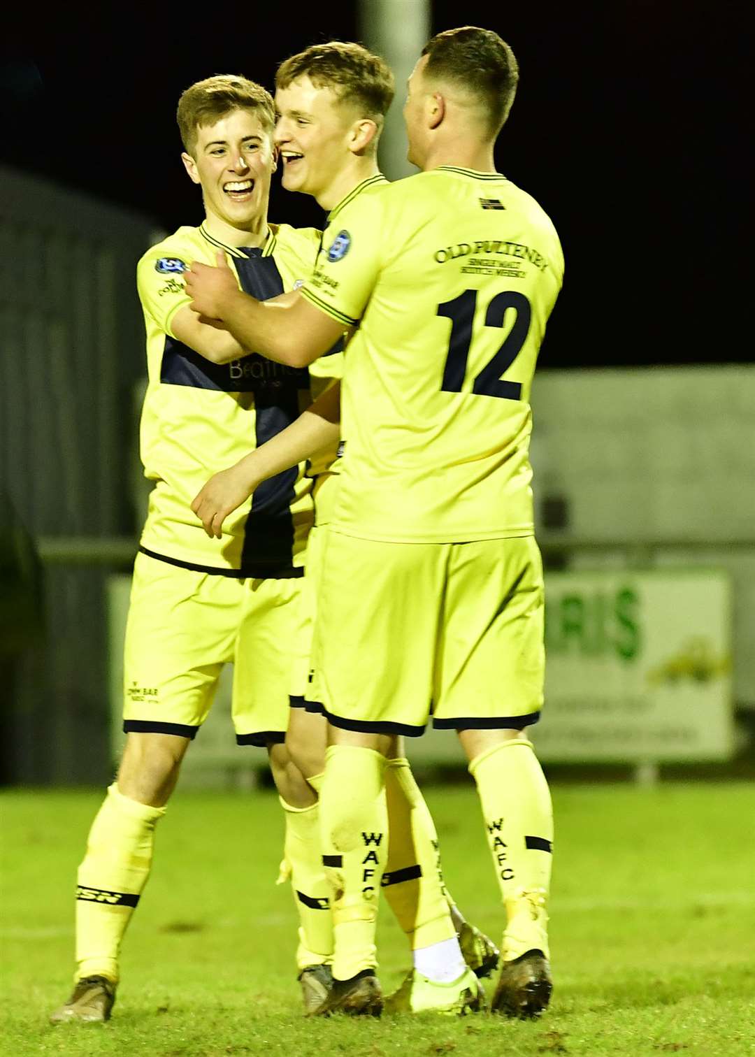 Grant Aitkenhead (left) celebrates his first senior goal with Mark Macadie and Gordon MacNab during Wick Academy's 3-2 win at Turriff. Picture: Mel Roger